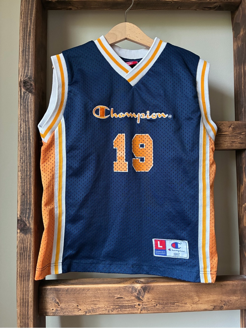 Champion | Vintage 90s | Navy Orange | Kids Sz 7 | Basketball Jersey | Retro